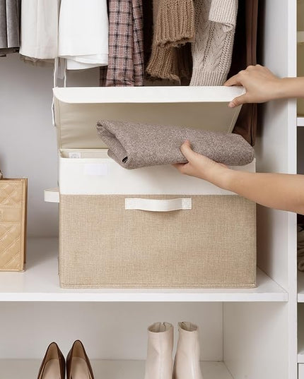 GRANNY SAYS Storage Boxes with Lids, Decorative Storage Bins, Shelf Baskets, Clothes Storage and Organization, White/Khaki, 2-Pack