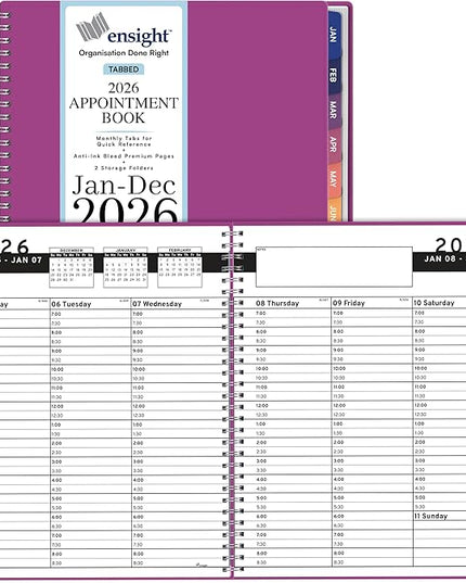 Ensight 2026 Appointment Book and Planner 6.5" x 8.5" Large Hourly Weekly Daily Schedule Book with Tabs, 30 Minute Time Slots, Magenta Calendar Organizer Jan 2026–Dec 2026 Appointment Planner - Magenta