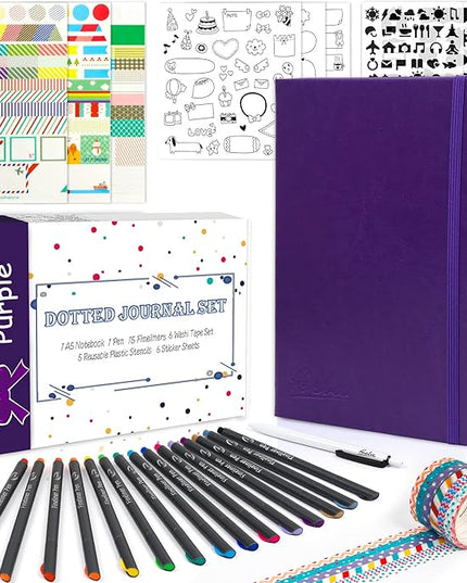 feela Dotted Journal Kit, Dot Grid Journal Hardcover Planner Notebook Set For Beginners Women Girls Note Taking with Journaling Supplies Stencils Stickers Pens Accessories, A5, 224 Pages, Purple