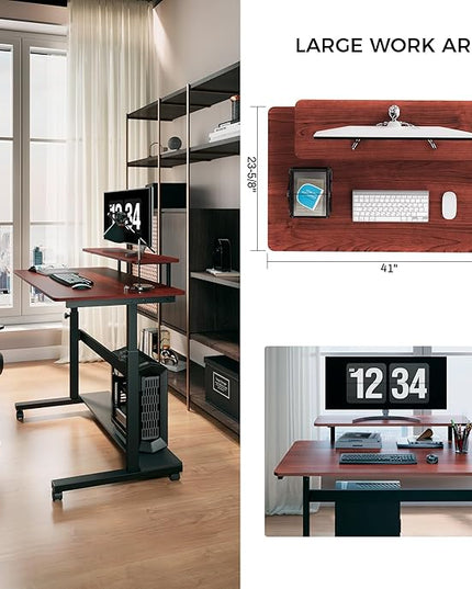EUREKA ERGONOMIC Height Adjustable Standing Desk, Mobile Desk with Detachable Hutch 41", Teak