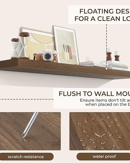 RICHFOCUS 55Inch Floating Shelves for Wall 1 Pack Shelves for Bedroom|Kitchen|Bathroom Wall Mounted Rustic Wood Floating Shelf with Invisible Brackets for Books|Storage|Decor, Walnut