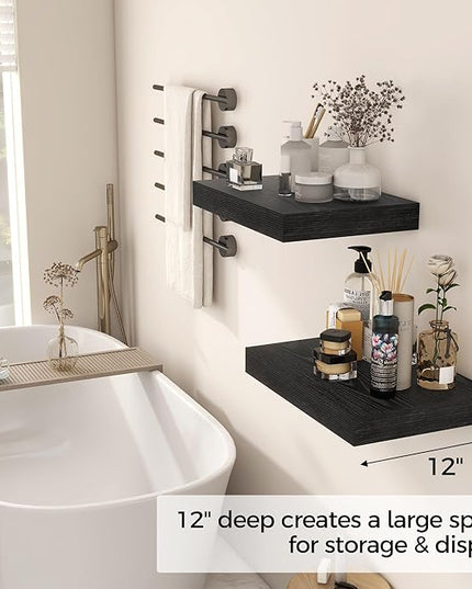 12 Inch Deep Black Floating Shelves, 16 x 12 Floating Shelf for Books, Rustic Wood Deep Wall Shelves for Home Storage & Display, 2" Thicked Shelves for Kitchen, Living Room, Bedroom, 2 Pack