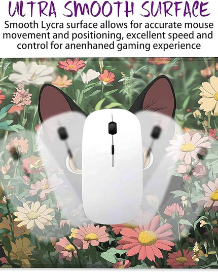 Black Cat Among Flowers Mouse Pad Square Mouse Mat Non-Slip Rubber Base Mousepad with Stitched Edge, Portable MousePads for Desk Computers Laptop Office, 9.5x8 Inches