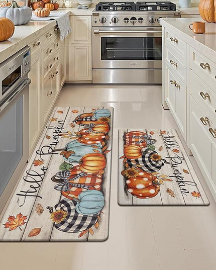 Pauwer Fall Kitchen Rugs Set of 2, Pumpkin Truck Anti Fatigue Kitchen Floor Mat, Non Slip Farmhouse Cushioned Kitchen Mats for Floor, Kitchen Runner Rug Floor Carpet Fall Harvest Thanksgiving Decor