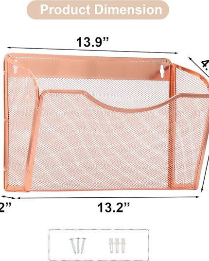 EASEPRES 3 Single Pocket Mesh Hanging File Organizer, Vertical Wall Mounted Magazine File Holder, Mount Basket Mail Paper Document Folder Organizing for Office, Home and School, Rose Gold