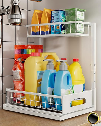 Under Sink Organizer and Storage, Height Adjustable Cabinet Organizer with Slide Out Drawer, Pull Out Under Sink Storage, Multi-Purpose 2 Tier Sink Shelves for Kitchen Bathroom Pantry (White, 1 Pack)