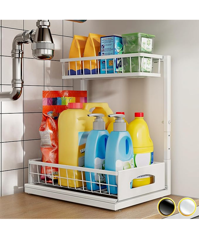 Under Sink Organizer and Storage, Height Adjustable Cabinet Organizer with Slide Out Drawer, Pull Out Under Sink Storage, Multi-Purpose 2 Tier Sink Shelves for Kitchen Bathroom Pantry (White, 1 Pack)