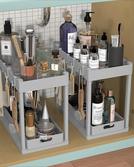 2PC Under Sink Organizer Rack 2 Tier Under Sliding Cabinet Basket Organizer Drawer with 4 Hooks, Multi-purpose Under Sink Storage for Bathroom Kitchen Desktop（Grey）