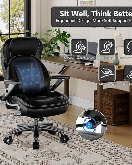 Big and Tall Office Chair, 600lbs Heavy Duty Desk Chair with 5D Arms, Adjustable Lumbar Support & Height, Tilt Function, PU Leather High Back Ergonomic Executive Computer Chair with 3'' Silent Casters