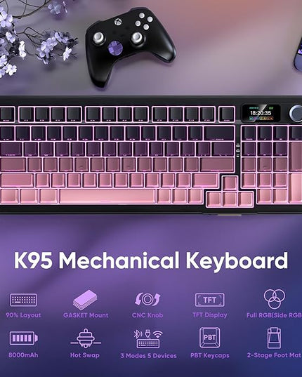 RedThunder K95 Wireless Mechanical Keyboard,TFT Screen & Knob, Trip-Modes Connection, Gasket Custom Hot-Swap Keyboard, RGB Backlit, Pre-lubed Linear Switches, Side Printed PBT Keycaps, Gradient Pink