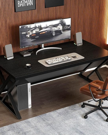 LVB Modern Black Computer Desk, Long Industrial Home Office Desk for Student, Large Metal Wood Writing Study Computer Table, Farmhouse Executive Simple Gaming PC Work Desk for Bedroom, Black, 60 Inch