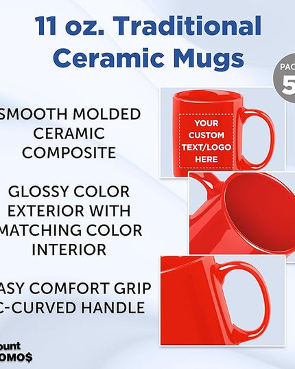 Custom Ceramic Coffee Mugs 11 oz. Set of 50, Personalized Bulk Pack - Coffee cup set, Iced coffee cup, Gaming mug - Red