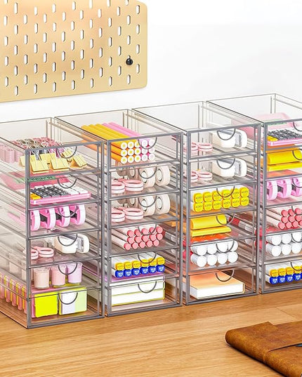 Acrylic Makeup Organizer with 19 Drawers, 4 Pack Clear Storage Drawers, Bathroom Makeup Organizer for Palettes, Cosmetic, and Beauty Supplies,Ideal for Vanity, Cabinet,Desk Organization