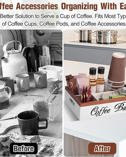 Wooden Coffee Organizer Holder with Divided Sections & Cutout Handle, Farmhouse Coffee Bar Organizer for Pods, Cups, Lids, Syrups, Stirrers & Accessories – Ideal Gift for Home or Office-White