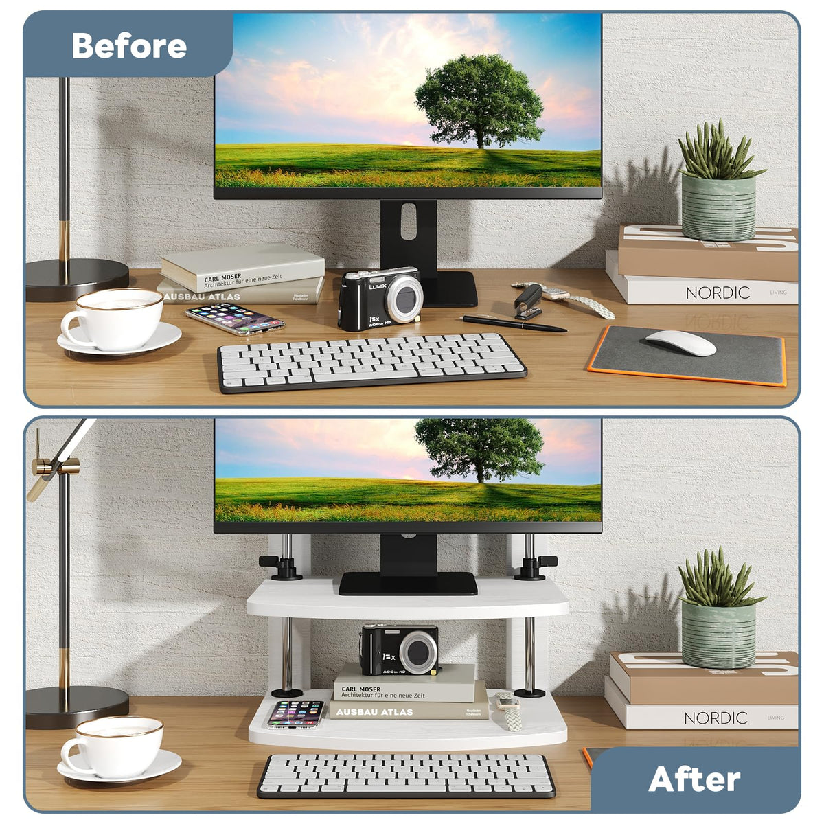 WikrOck 15.6 14 13.3 Inch Laptop Computer Monitor Stand Riser for Reduced Neck Strain, Adjustable Height Desk Shelf Organizer Monitor Riser Stand for PC Monitor Laptop - Withe - Wood Grain, MR01-L