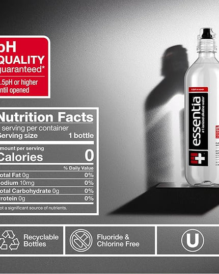 Essentia Water LLC, Ionized Alkaline Bottled Water; 99.9% Pure, Infused with Electrolytes, 9.5 pH or Higher with a Clean, Smooth Taste, 23.67 Fl Oz (Pack of 24)
