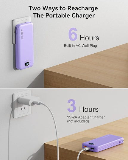 12000mAh Ultra-Portable-Charger-Power-Bank with Built in Cables&AC Wall Plug,PD20W USB-C Fast Charging Cell Phone Charger Battery Pack,LED Display Travel Battery Bank for All iPhone,Samsung,Android