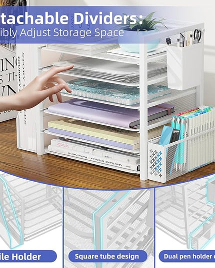 Simple Trending 6 Tier Desk File Organizer, Paper Letter Tray Organizer with File Holder and Pen Container, White