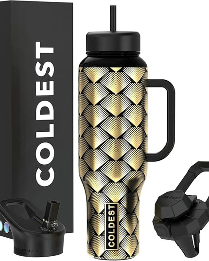 Coldest Tumbler with Handle and Straw - 100% Leak Proof Insulated Tumbler with Lid and Straw (3 Lids) - Stainless Steel Tumblers for Women & Men - Cup Holder Friendly Base, 46 oz (Gold Dragon)
