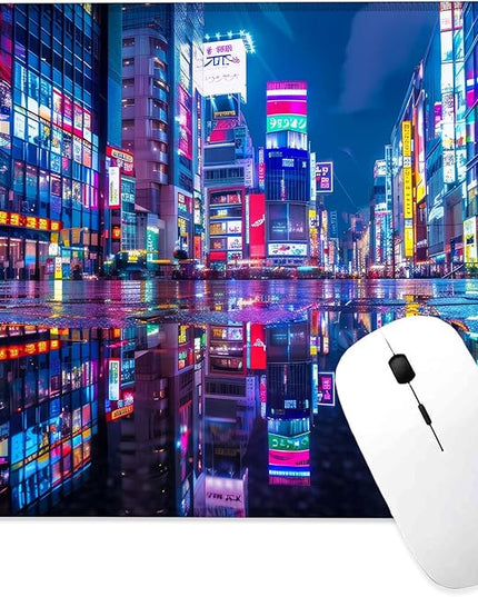 Tokyo Streets Under Neon Lights Mouse Pad Square MousePads Non-Slip Rubber Base Mouse Mat Desk Pad with Stitched Edge for Desk Computers Laptop Office, 9.5x8 Inches