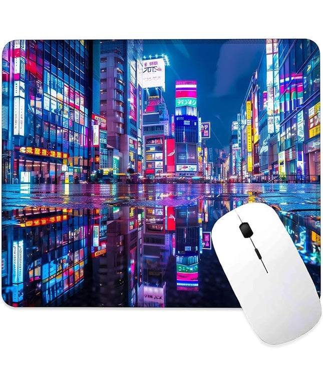 Tokyo Streets Under Neon Lights Mouse Pad Square MousePads Non-Slip Rubber Base Mouse Mat Desk Pad with Stitched Edge for Desk Computers Laptop Office, 9.5x8 Inches