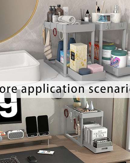 2PC Under Sink Organizer Rack 2 Tier Under Sliding Cabinet Basket Organizer Drawer with 4 Hooks, Multi-purpose Under Sink Storage for Bathroom Kitchen Desktop（Grey）