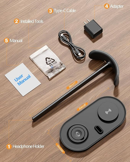 HiWe Universal Headphone Stand, Magnetic Wireless Charger for iPhones/AirPods/iWatch, Aluminum Alloy Rod, Leather Pad, ABS Solid Base, Black