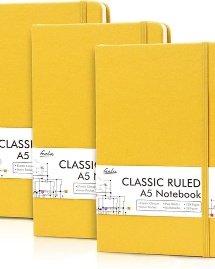feela 3 Pack Notebooks Journals Bulk with 3 Black Pens, A5 Hardcover Notebook Classic Ruled Lined Journal Set with Pen Holder for Work Business Journaling Note Taking, 120 GSM, 5.1”x8.3”, Yellow
