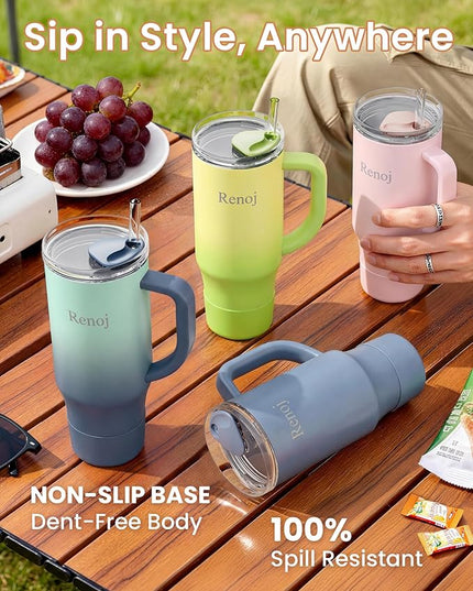 Renoj Tumbler with Handle 100% Spill Resistant Insulated Water Bottle for Iced Coffee & Hot Drinks - Fits Car Cup Holder, Ideal Gift, 2 Straws & Silicone Boot BPA-Free - FlexSlide Blue Gradient 32 oz