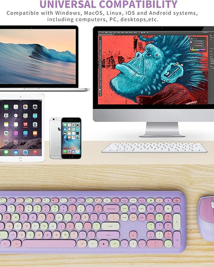 Wireless Keyboard and Mouse Combo, Colorful Ergonomic Full Size Retro Low-Noise Keyboard with Cute keycaps, Compatible with Windows, PC, Perfer for Home and Office Keyboards (Purple)
