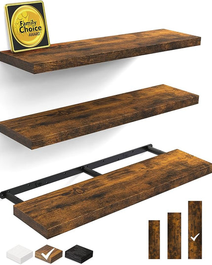 BAYKA Floating Shelves for Wall, 36 inches Wall Mounted Wood Shelves for Bathroom, Bedroom, Living Room, for Storage/Decor with 30lbs Capacity - Rustic Brown,Set of 3