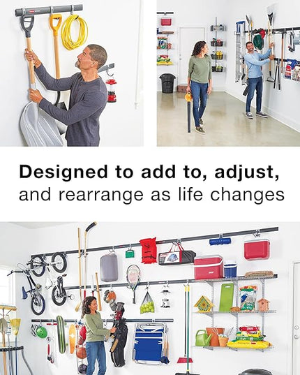 Rubbermaid Garage FastTrack 8-Piece Small Kit Black/Grey All-in-One Rail & Hook Wall Hanging Kit Wall Mounted Storage Solution for Home/Garage