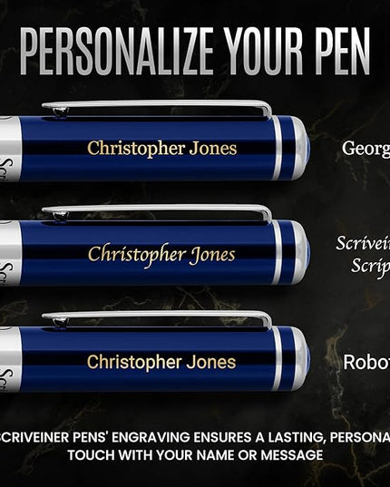 Scriveiner Personalized Midnight Blue Fountain Pen - Stunning Blue Lacquer Luxury Pen, Chrome Finish, German Schmidt Nib (Medium), Best Engraved Pen Gift Set for Men & Women, Name Engraving