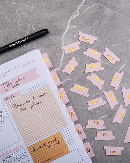 DiverseBee Gold Foil Planner 24 Peel and Stick Laminated Tabs for Notebooks, Calendar Tab Stickers and Monthly Dividers (Seasalt)