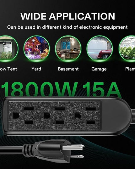 VIVOSUN 50 ft Extension Cord, 3-Outlet Power Strip with 1800W Surge Protection, 15A 14 AWG, Flat Heavy Duty Extender for Indoor Outdoor Use, Garden Home Office, Black