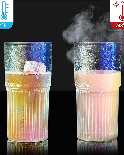 Joeyan 22 oz Iridescent Glass Tumbler with Straw and Lid for Iced Tea Coffee Smoothie Water Juice Beverages Soda,Ribbed Glasses Cups,Borosilicate Drinking Jar,Set of 2