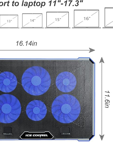 ICE COOREL Laptop Cooling Pad with 6 Cooling Fan, Laptop Cooler Fan with No Lights, Cooling pad for Laptop 15-17 Inches, Notebook Cooler Stand with 9 Height Adjustable, Cooler Pad for Lap or Desk Use