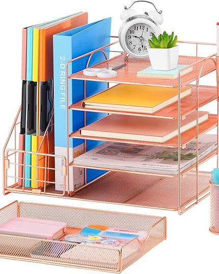 Marbrasse Rose Gold Desk Organizer with File Holder, 5-Tier Paper Letter Tray Organizer and Drawer, Mesh Desktop Storage with Magazine Holder for Office Supplies