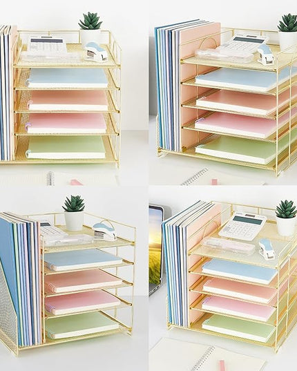 LEKETREE Desk Organizers and Accessories, 5-Tier Paper Letter Tray Organizer with File Holder, Desktop Organizer for Office Supplies (Gold)