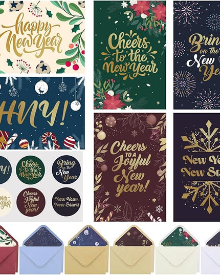 Thboxes New Year Cards with Envelopes, 36 Pack 4x6in Happy New Year Greeting Cards, Gold Foil Happy Holiday Card with Stickers, Christmas Card, 6 Assorted Design