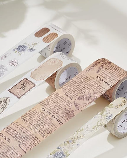 WT Petals & Parchment Washi Sticker Tape Set, 4 Rolls, Original Vintage Floral Designs, Decorative Masking Tape for DIY Crafts, Journaling, Scrapbooking, Planners, and Adhesive Paper Stickers