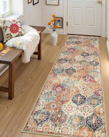 Lahome Moroccan Hallway Runner Rug, 2'5''x8' Ultra-Thin Washable Runners for Hallways Kitchen, Oriental Laundry Room Rug Non-Slip Vintage Long Carpet for Entryway Bedroom Bathroom, Cream/Multi