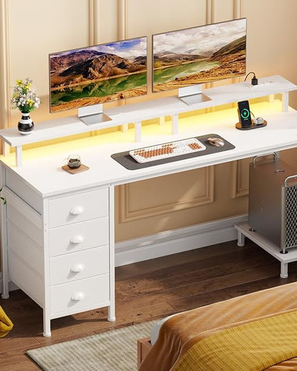Furologee 55" White Computer Desk with 4 Fabric Drawers & Monitor Stand, Gaming Desk with Power Outlets - LED Lights, Home Office Space-Saving Study Table for Bedroom Small Spaces