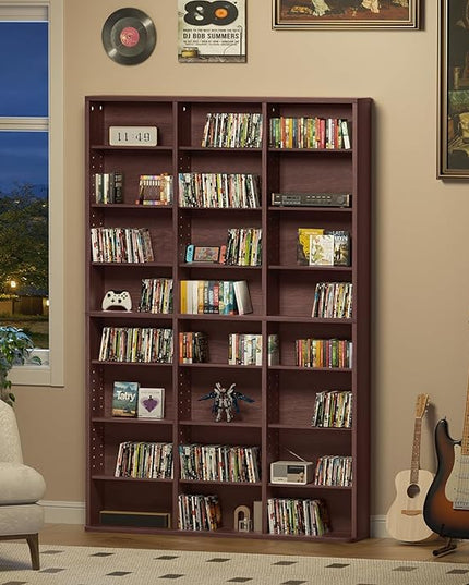 LELELINKY 8 Tier Tall Display Cabinet, Walnut Media Storage Cabinet with Adjustable Shelves, Free Standing DVD Organizer Shelf, Floor Multimedia Storage Manga Bookshelf for Living Room & Home Office.