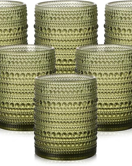 Vintage Glassware Drinking Glasses Set of 6,12 oz Hobnail Glass Cups,Embossed Green Water Tumbler,for Beer,Cocktail,Whiskey,Juice and Various Mixed Drinks- 1 Cleaning Brush