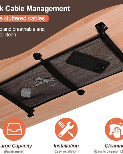 HX AURIZE Under Desk Cable Management Net – Flexible Wire Organizer with Side Rods & Center Hooks – Elastic Mesh Kit for Standing & Office Desks – Adhesive Positioning and Screw Lock Black
