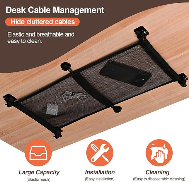 HX AURIZE Under Desk Cable Management Net – Flexible Wire Organizer with Side Rods & Center Hooks – Elastic Mesh Kit for Standing & Office Desks – Adhesive Positioning and Screw Lock Black