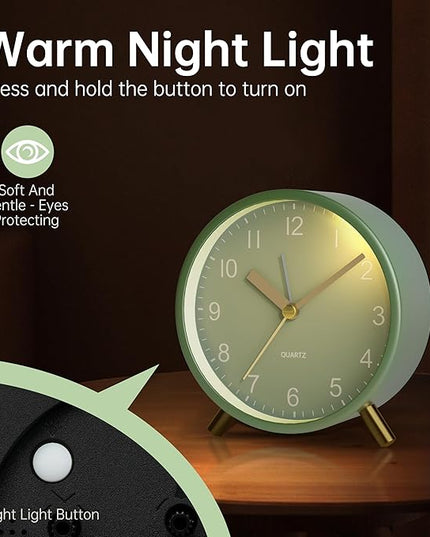 Analog Alarm Clock, 4 inch Super Silent Non Ticking Small Clock with Night Light, Battery Operated, Simple Design, easy setting for Office, Bedroom, Bedside, Desk, teens, elders, kids, adult, Green