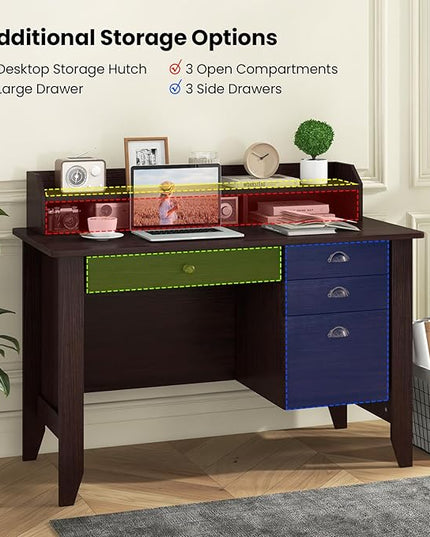 Tangkula Computer Desk with 4 Storage Drawers & Hutch, Home Office Desk Vintage Desk with Storage Shelves, Wooden Executive Desk Writing Study Desk (Brown)