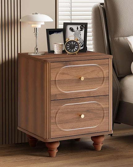 ORRD 2 Drawer Fluted Mini Small Dresser for Bedroom Set of 2, Mid Century Modern Nightstand Bedside End Table, Wood Storage Dresser Organizer for Bedroom Living Room, Walnut